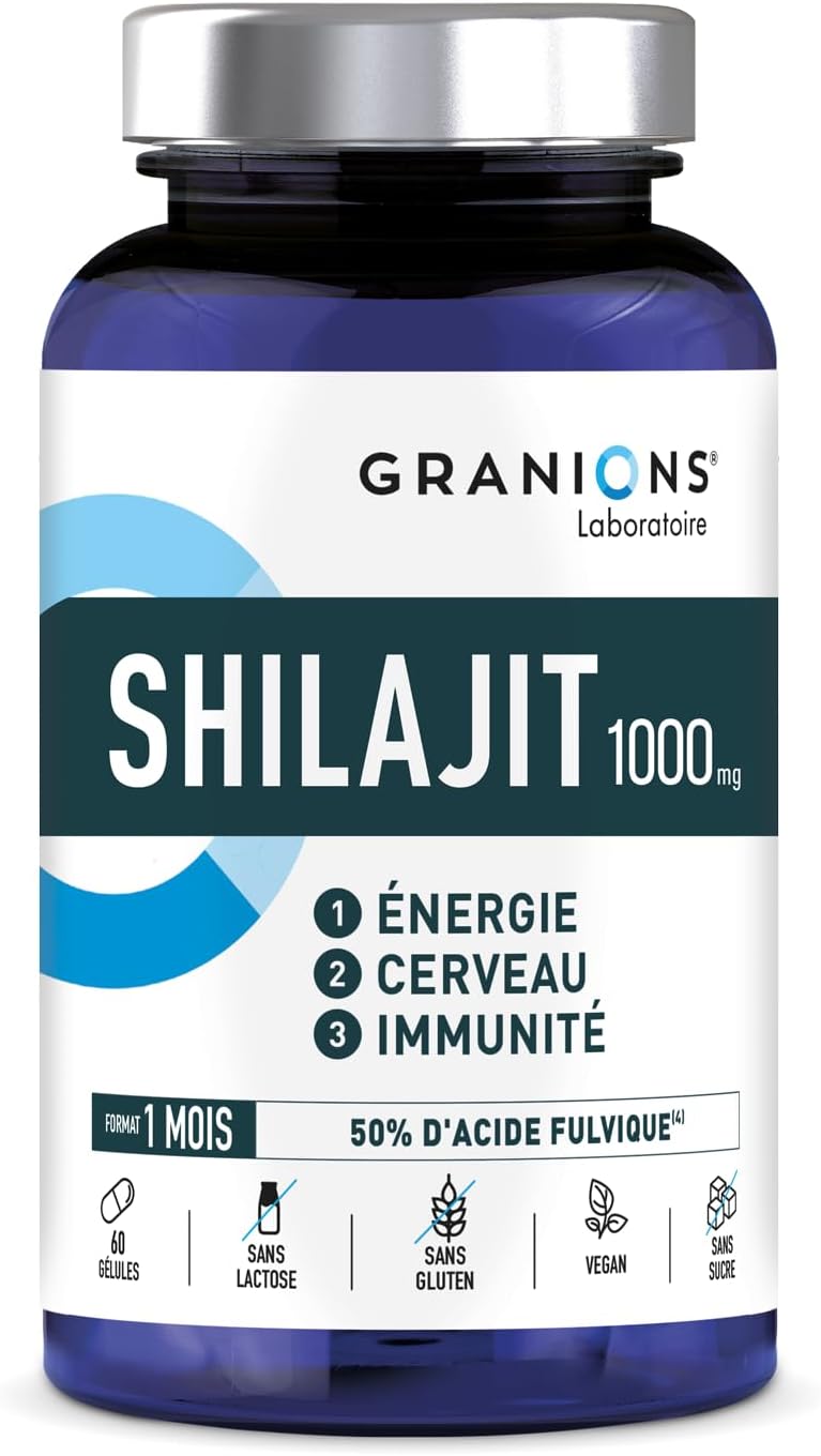 SHILAJIT - Shilajit PURE HIMALAYA | GRANIONS - Laboratoire Français | Immunité, Energie, Articulations, Concentration | Vitamine B6 | Vegan | Complement Alimentaire | 60 Gélules | Format 1 Mois