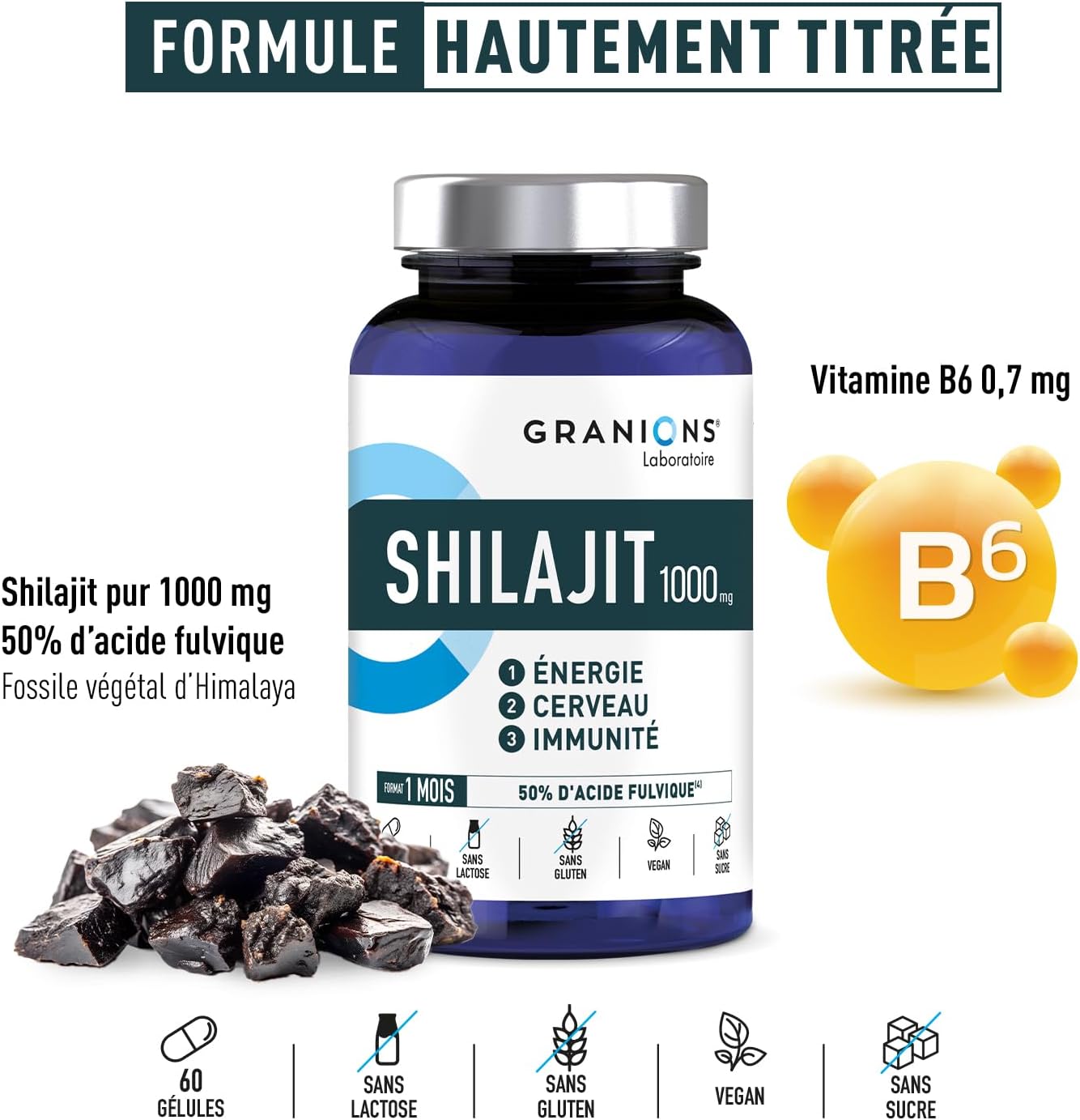 SHILAJIT - Shilajit PURE HIMALAYA | GRANIONS - Laboratoire Français | Immunité, Energie, Articulations, Concentration | Vitamine B6 | Vegan | Complement Alimentaire | 60 Gélules | Format 1 Mois – Image 3