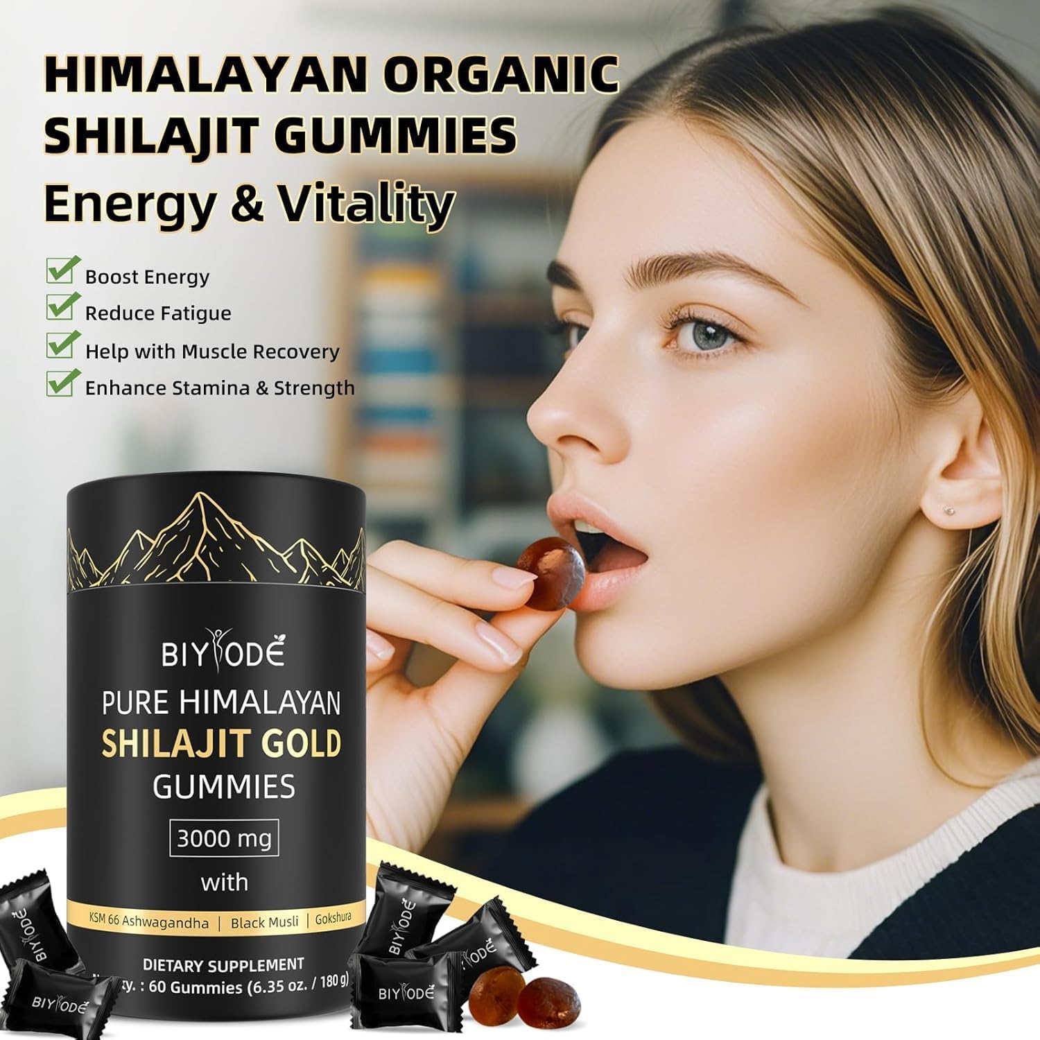 Shilajit Gummibearchen - Pure Himalaya Shilajit Gummibearchen Or, Acide fulvoux & 85 traces d'éléments - Vegan, sans OGM, Einzelverpackt für Unterwegs - 60 pièces – Image 3