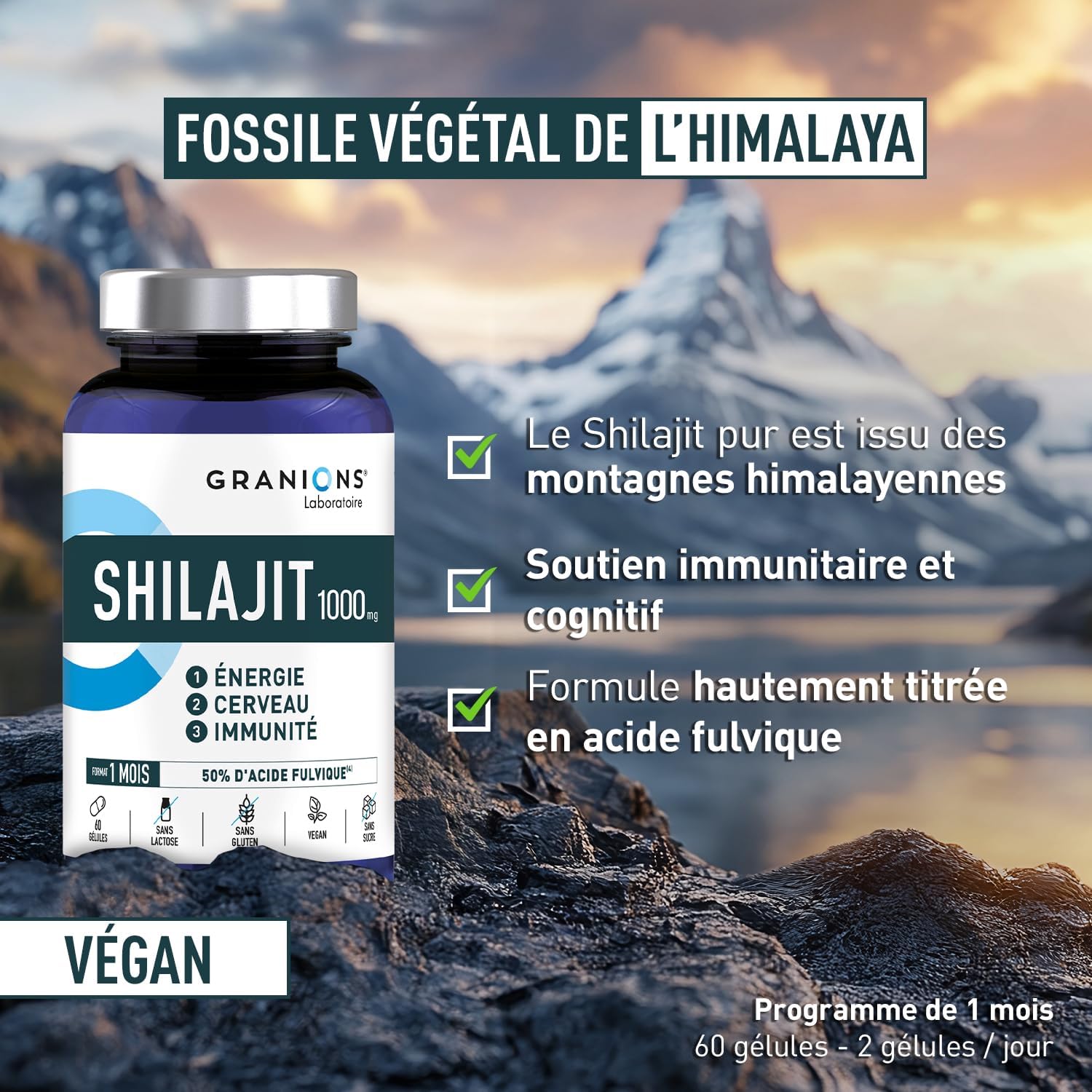 SHILAJIT - Shilajit PURE HIMALAYA | GRANIONS - Laboratoire Français | Immunité, Energie, Articulations, Concentration | Vitamine B6 | Vegan | Complement Alimentaire | 60 Gélules | Format 1 Mois – Image 2