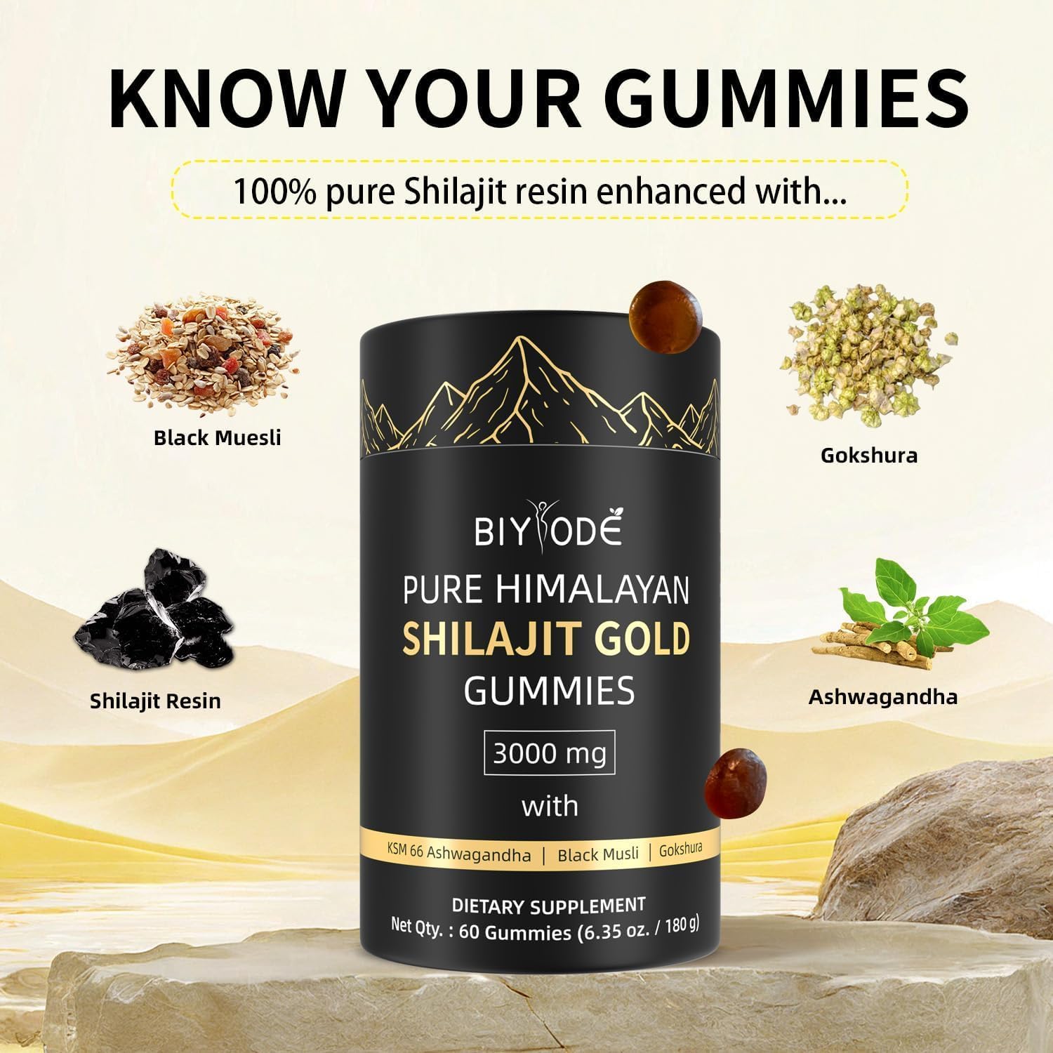 Shilajit Gummibearchen - Pure Himalaya Shilajit Gummibearchen Or, Acide fulvoux & 85 traces d'éléments - Vegan, sans OGM, Einzelverpackt für Unterwegs - 60 pièces – Image 4
