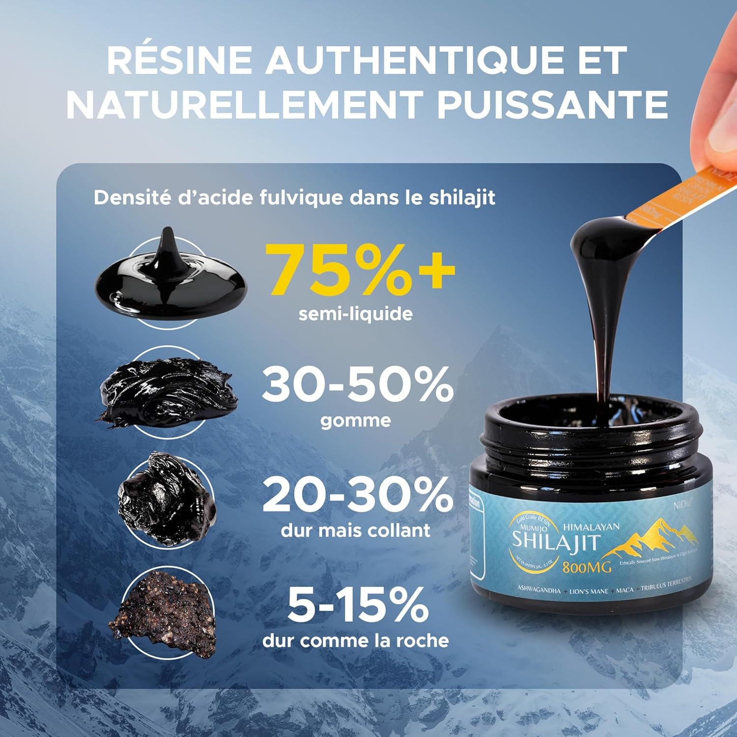 Shilajit Pure Naturel 50g – 800mg Résine Himalayenne, Boost Ayurvédique (Ashwagandha, Crinière de Lion, Maca) – Pureté & Puissance du Shilajit Pur d’Himalaya Testées en Laboratoire UE – Image 2